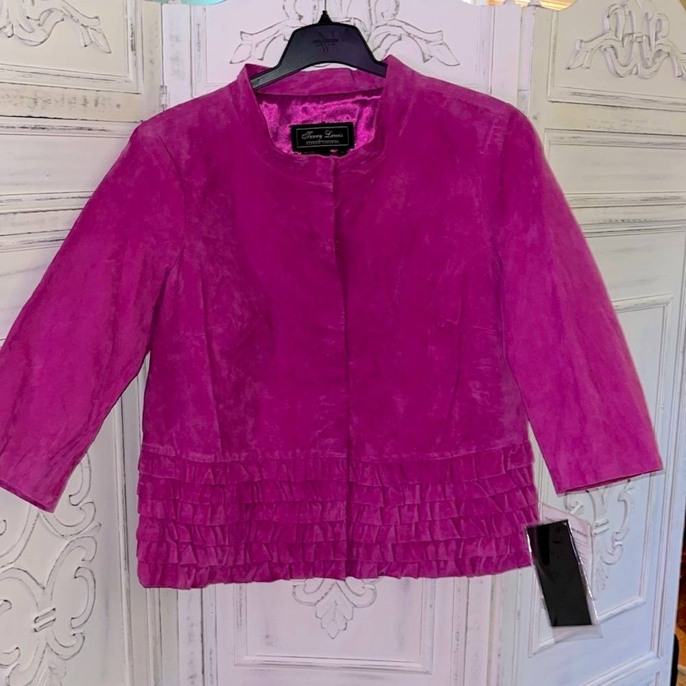Terry Lewis suede blazer with ruffle detail, hot pink